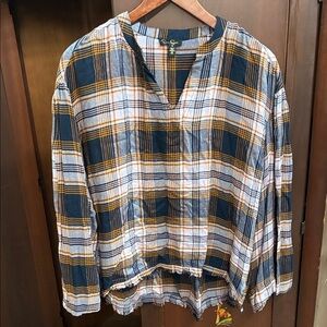 Jessica Simpson Plaid V-Neck Blouse in Navy, White & Mustard